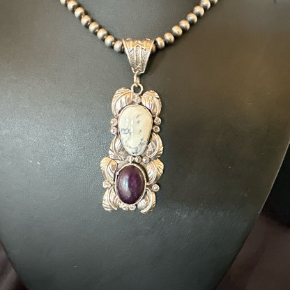 Navajo Sterling Silver White Buffalo Turquoise  Purple Stone Pendant 18035