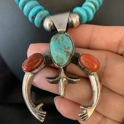 Royston Navajo Sterling Silver Blue Turquoise Coral Necklace Naja Pendant 13745