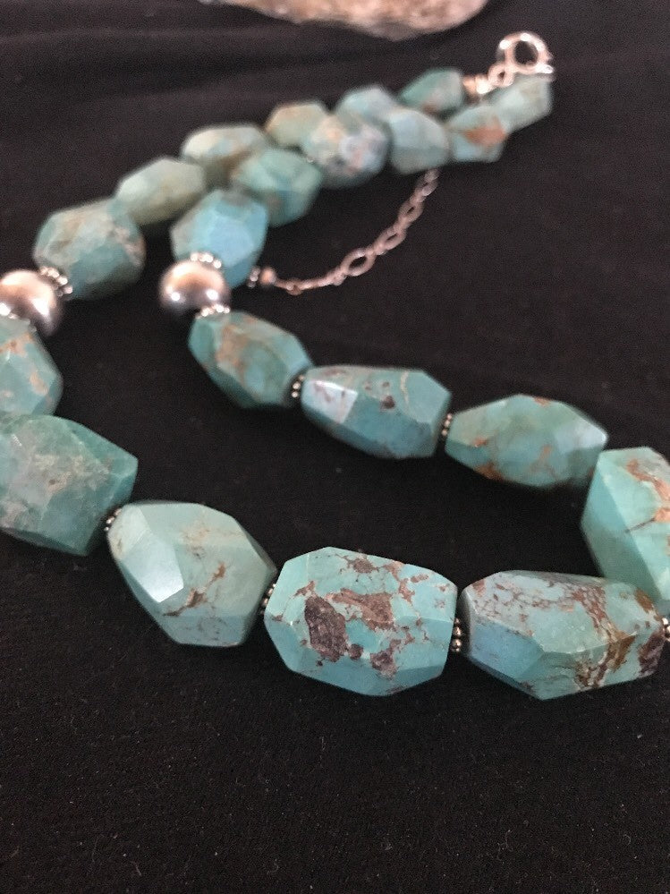 Turquoise Chunky Bead Faceted Navajo Sterling Silver Beads Necklace 03367