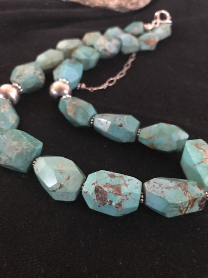 Turquoise Chunky Bead Faceted Navajo Sterling Silver Beads Necklace 03367