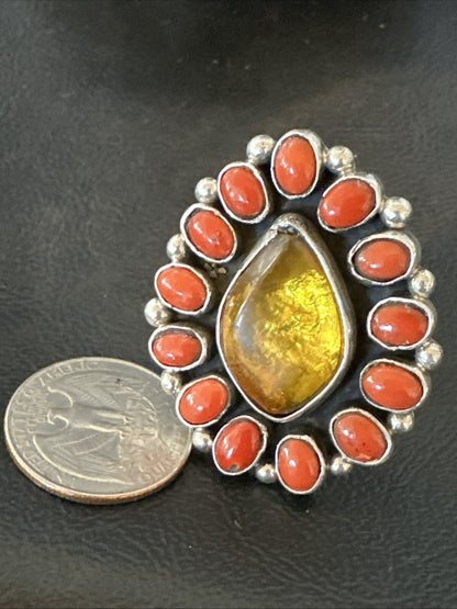 Golden Amber Red Coral Navajo Sterling Silver Cluster Ring Size 6 18563