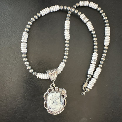 White Buffalo Turquoise Pendant Navajo Pearls Sterling Silver Necklace 20” 19496