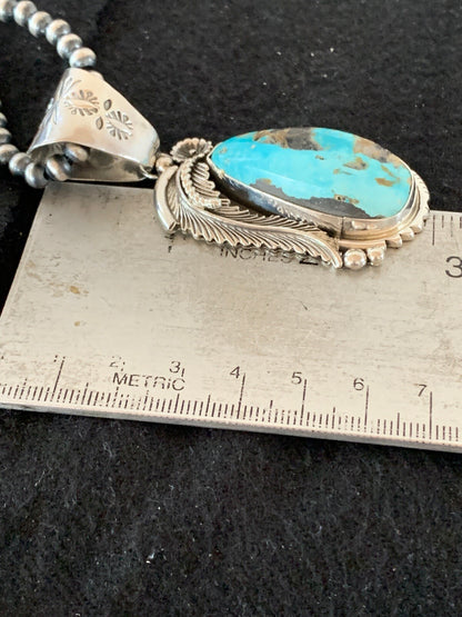 Mens Kingman Turquoise Pendant Navajo Pearls Sterling Silver Necklace 04301