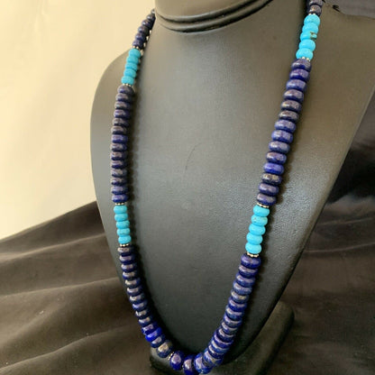 Men's Lapis and Turquoise Beaded Necklace Sterling Silver 23" 10835