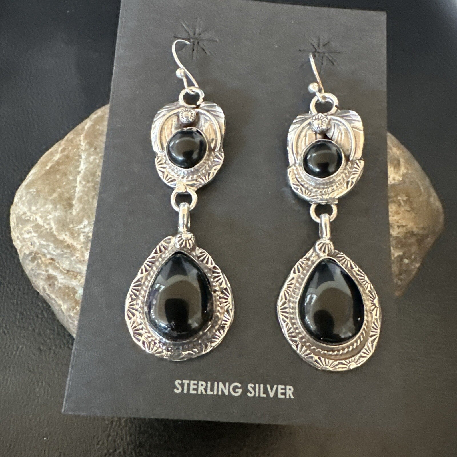 Black Onyx Navajo Sterling Silver Dangle Earrings 1.5" 18289