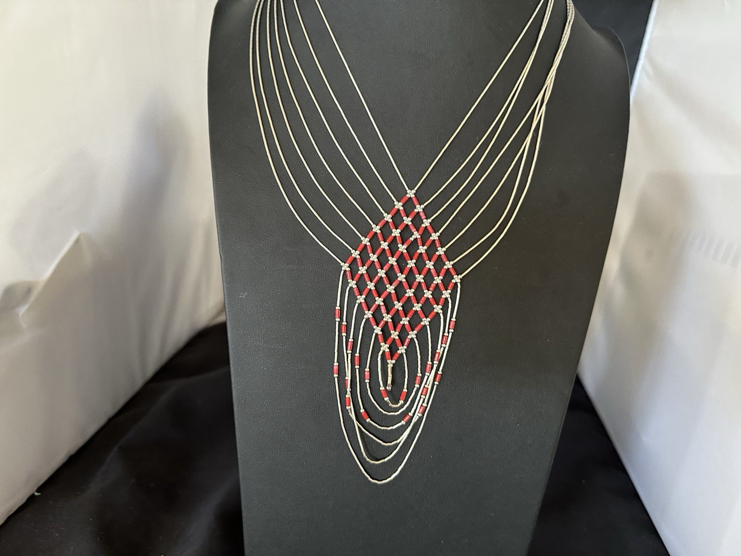 Red Coral Heishi Tubes Pendant 7 Strand Liquid Sterling Silver Necklace 19750