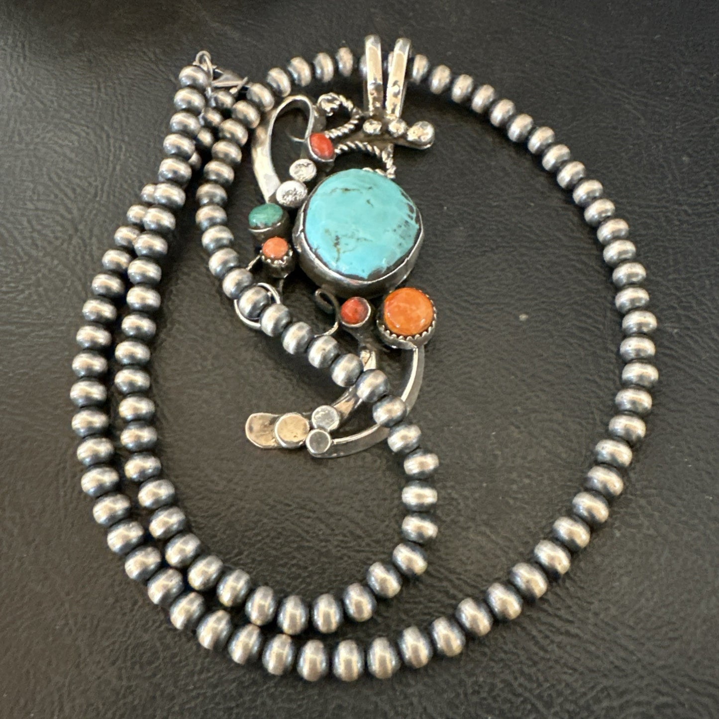 Multicolor Turquoise Spiny Navajo Sterling Silver Cluster Pendant Necklace 19683