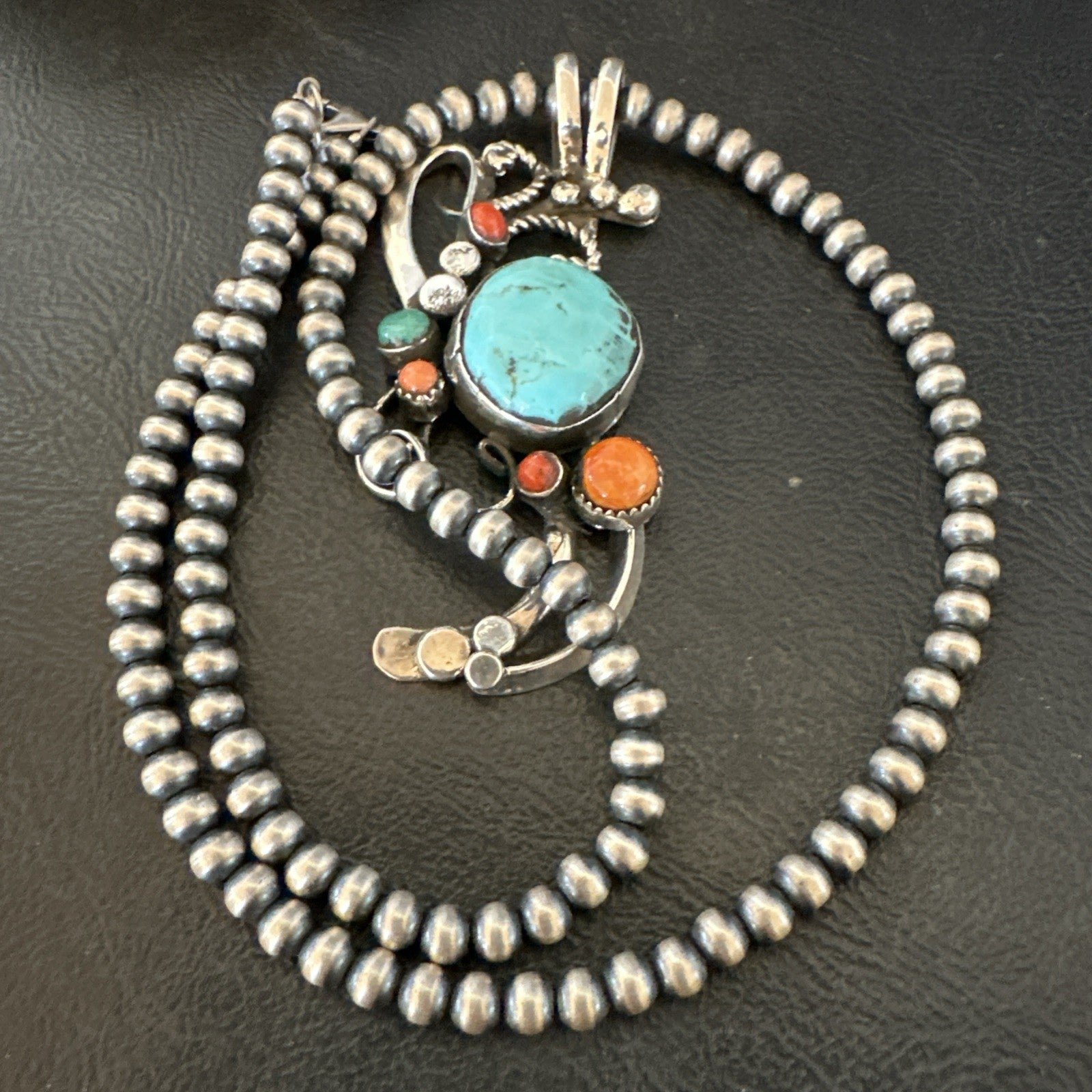 Multicolor Turquoise Spiny Navajo Sterling Silver Cluster Pendant Necklace 19683