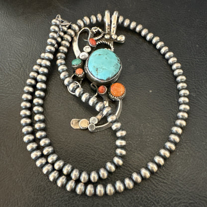 Multicolor Turquoise Spiny Navajo Sterling Silver Cluster Pendant Necklace 19683