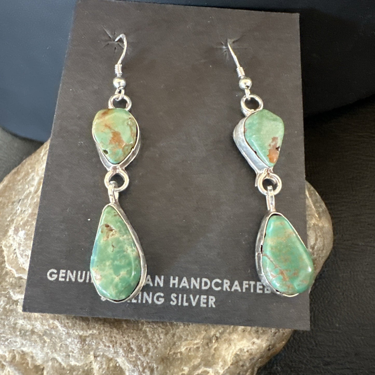Green Royston Turquoise Navajo Sterling Silver Dangle Earrings 19405