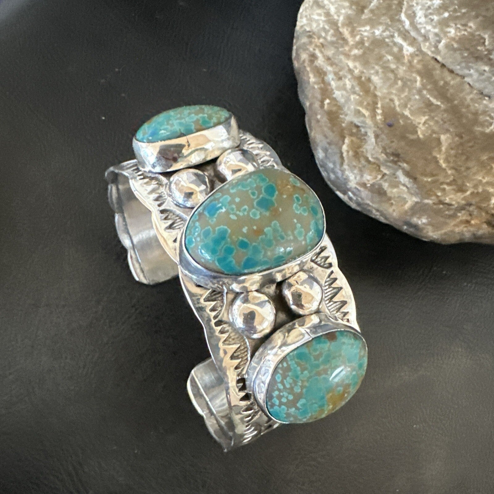 Navajo Green Royston TURQUOISE Stamped Sterling Silver Cuff Bracelet 17943