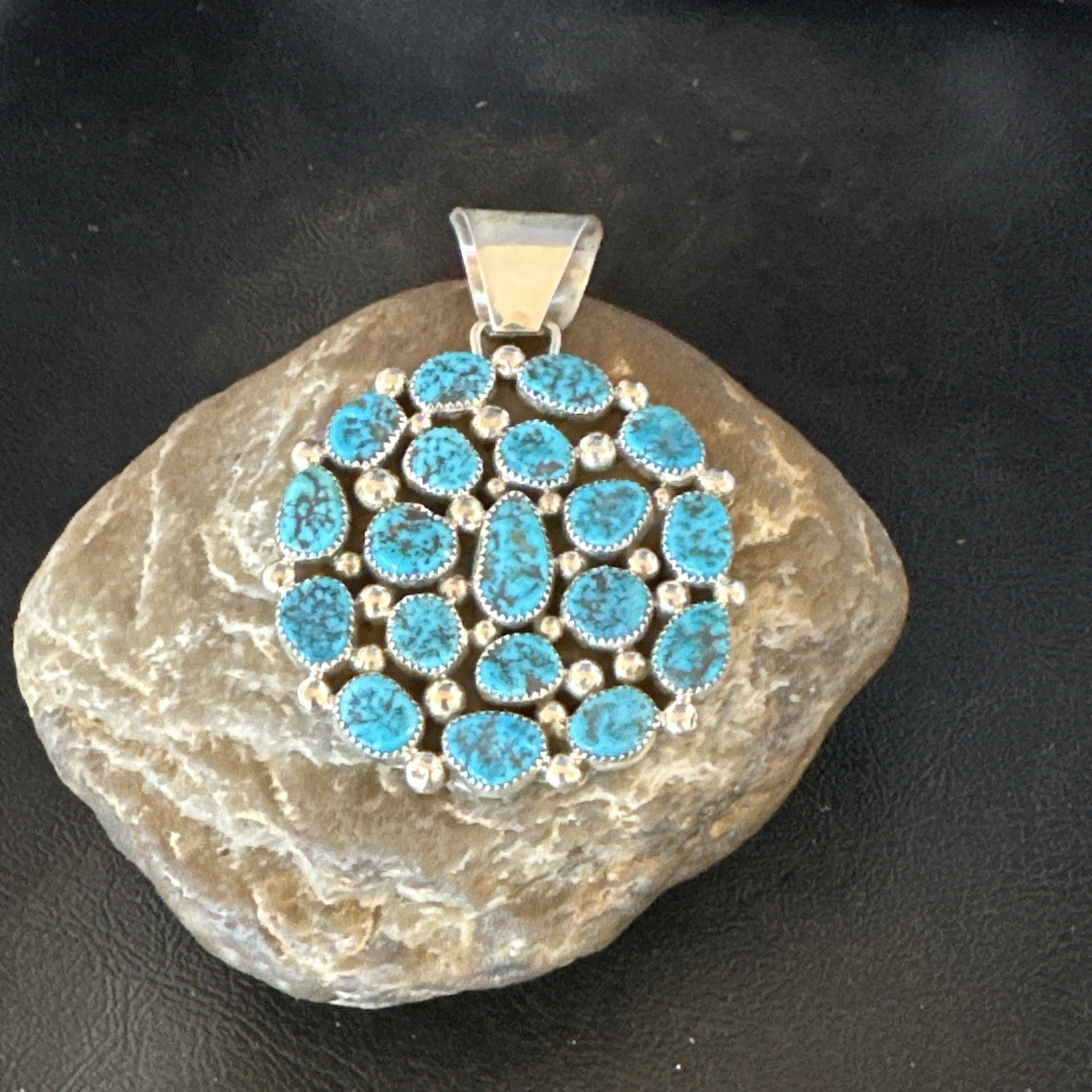 Cluster Kingman Turquoise Navajo Sterling Silver Necklace Pendant 2.75” 19082
