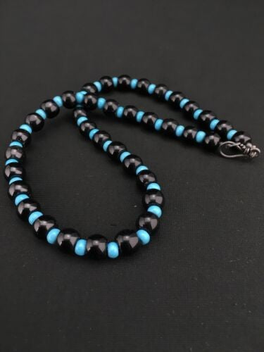 Navajo Black Onyx & Turquoise Bead Necklace Sterling Silver 18" 4882