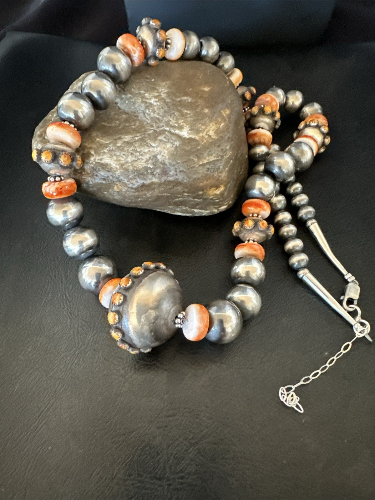 XL Orange Spiny Oyster Navajo Pearls Graduated Sterling Bead Necklace 25" 19610