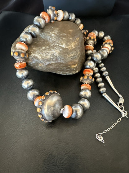 XL Orange Spiny Oyster Navajo Pearls Graduated Sterling Bead Necklace 25" 19610