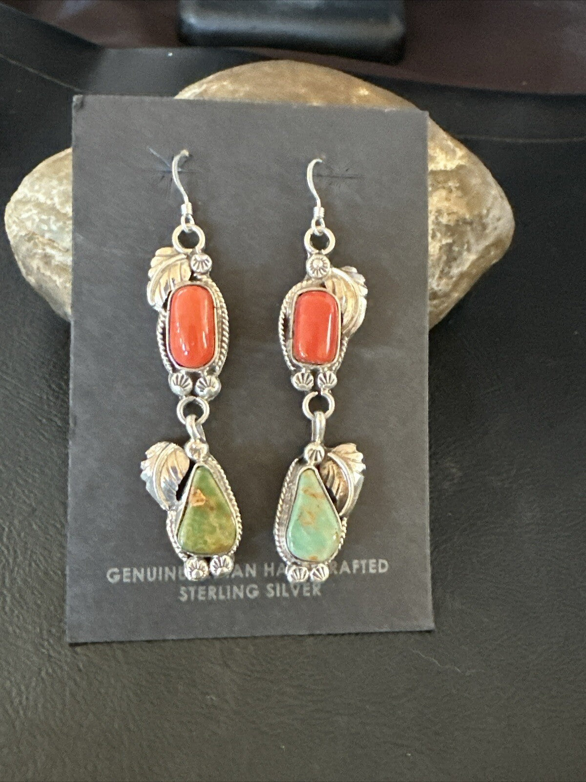 Green Royston Turquoise Red Coral Navajo Sterling Silver Dangle Earrings 1634