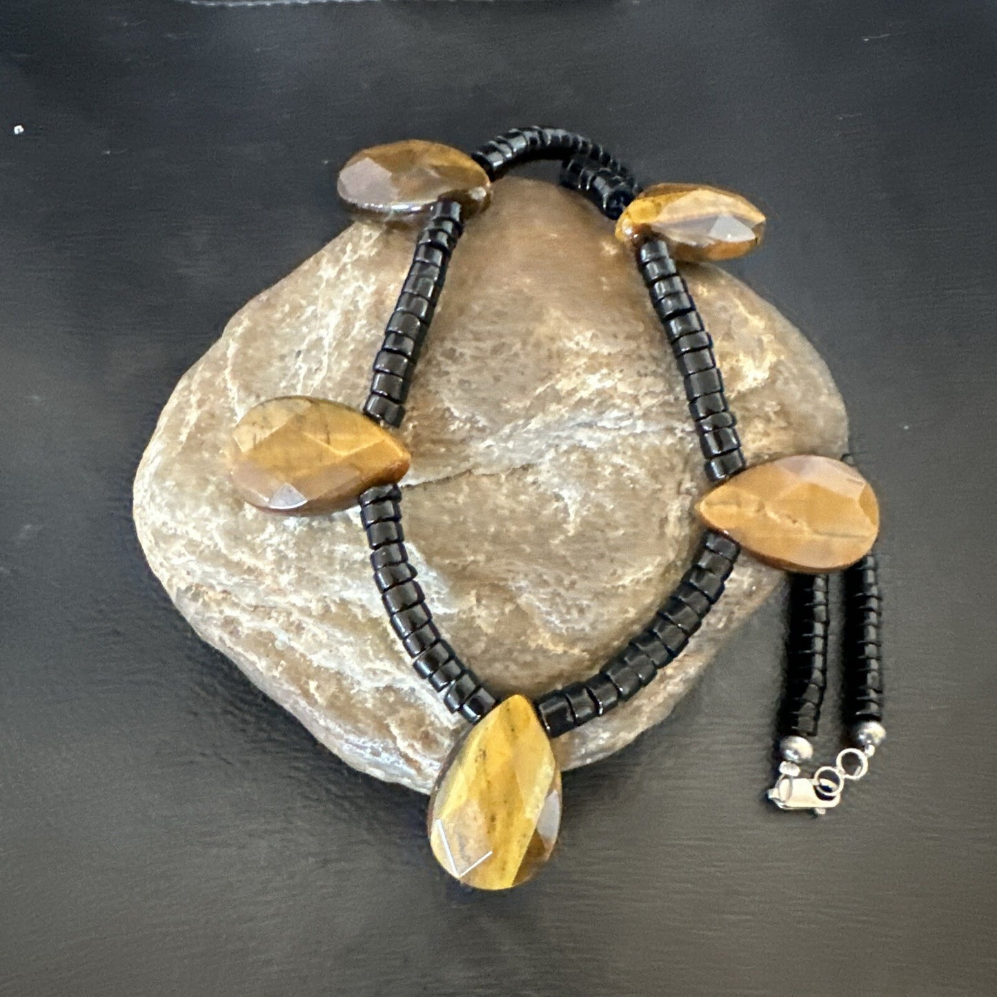 Coffee Brown Tigers Eye Black Onyx Sterling Silver Pendant Necklace 20" 18356
