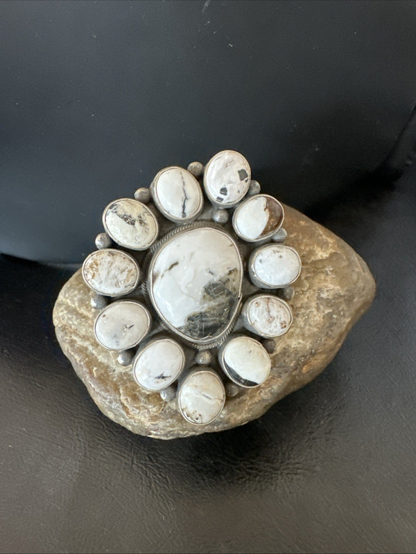 XXL White Buffalo Turquoise Navajo Cluster Ring Size 8 | Sterling Silver | Authentic Native American Handmade | 19275