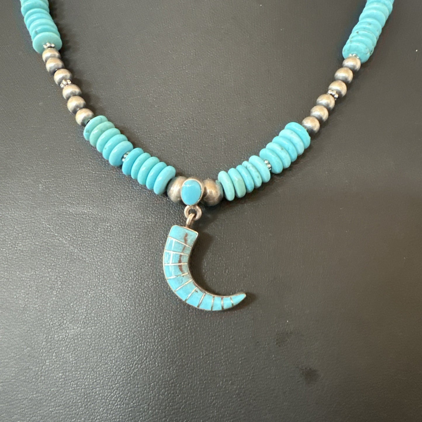 Blue Turquoise Inlay Pendant Navajo Sterling Silver Necklace 19515