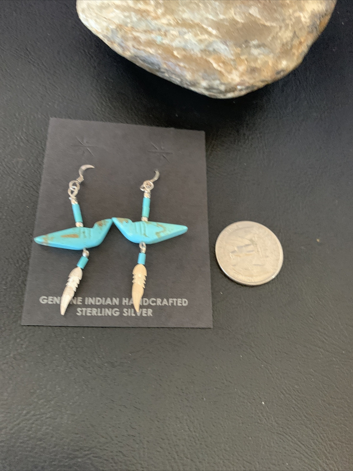 Native American Navajo Blue Turquoise Fetish Sterling Silver Earrings 1.5" 13055