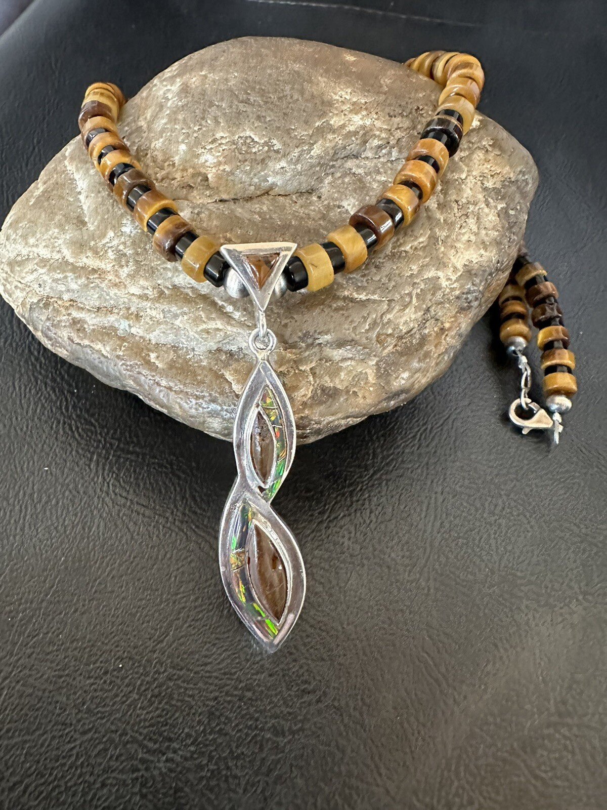 Coffee Tigers Eye Amber Opal Onyx Heishi Sterling Silver Pendant Necklace 18343