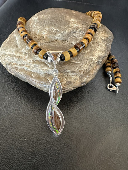 Coffee Tigers Eye Amber Opal Onyx Heishi Sterling Silver Pendant Necklace 18343