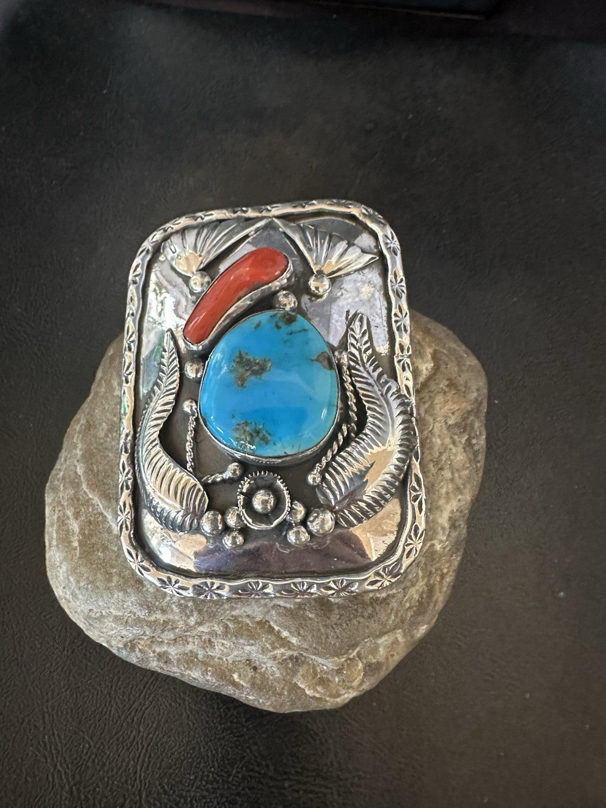 Mens Buckle Blue Turquoise Coral Navajo Sterling Silver Concho Belt 19489