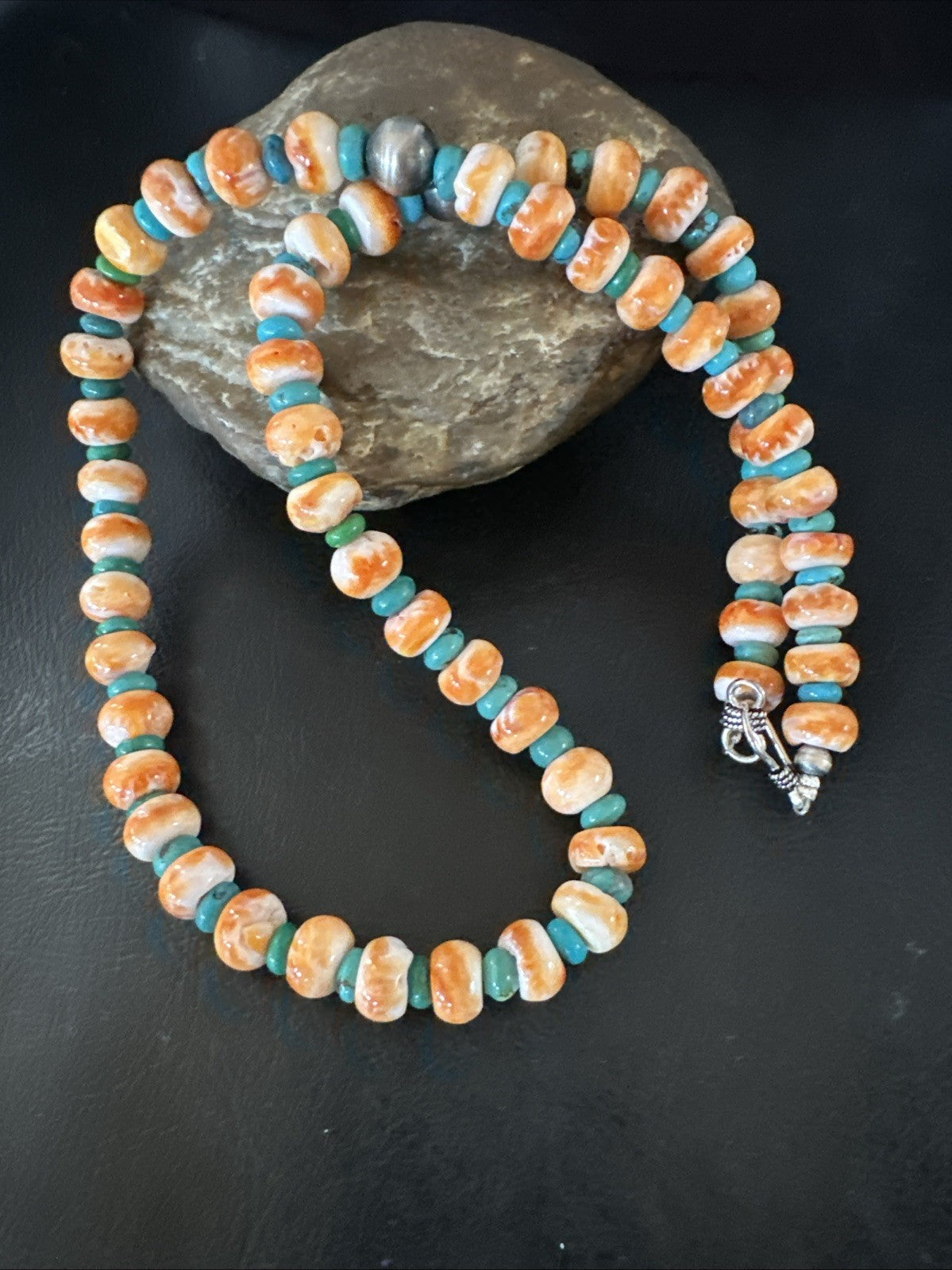 Orange Spiny Oyster Turquoise Navajo Sterling Silver Beads 22” Necklace 19164