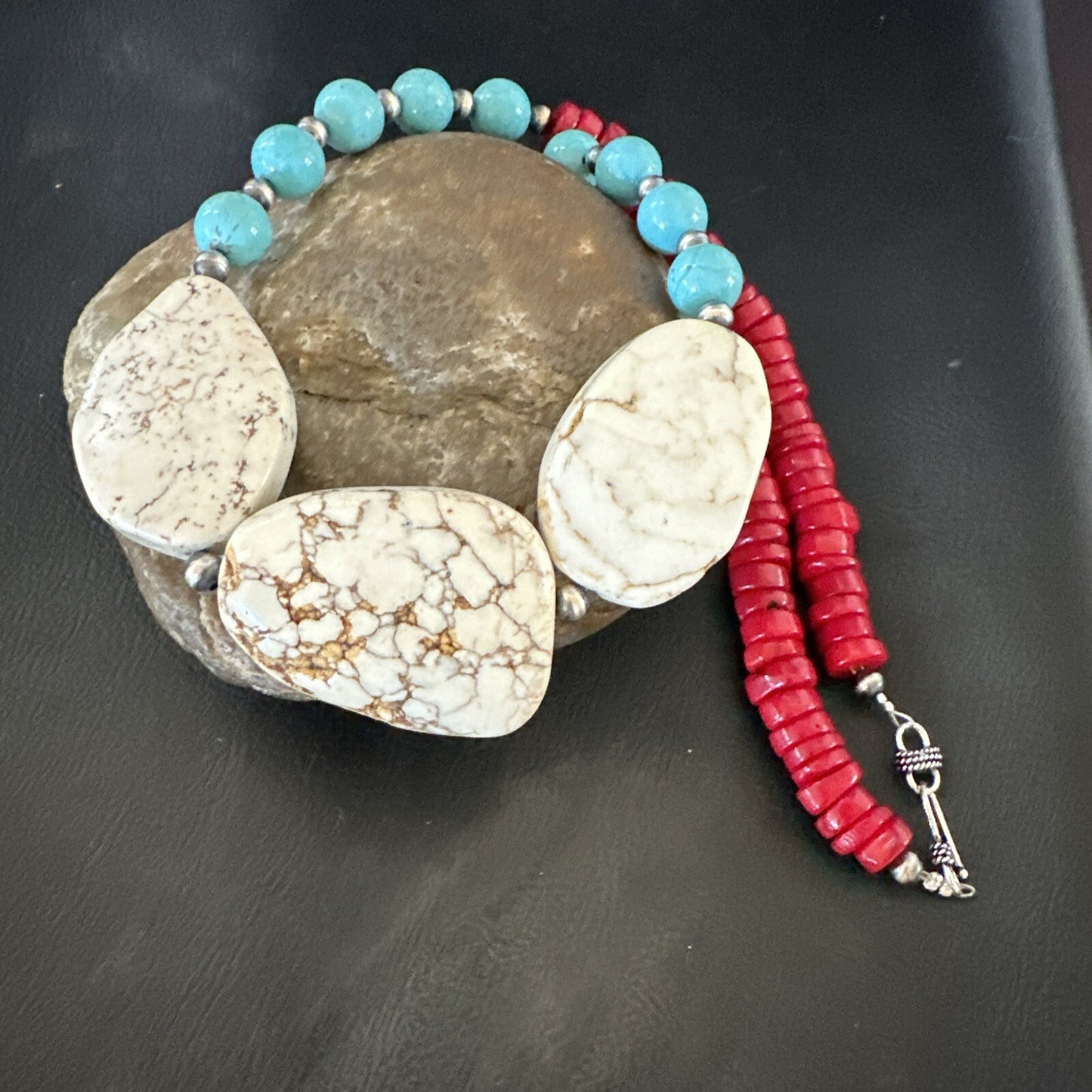 Mens Wild Horse Blue Turquoise Red Coral Navajo Sterling Silver Necklace 17982