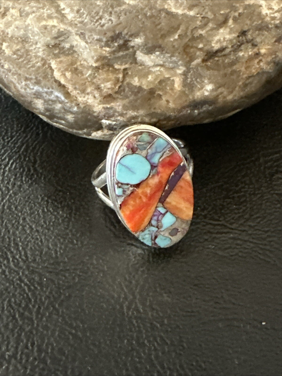 Blue Turquoise Spiny Oyster Southwestern Sterling Silver Ring Size 8 18436