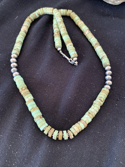 Green Turquoise Stabilized Heishi 8mm  Sterling Silver Beads Necklace 20"