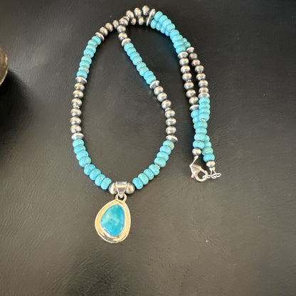 Mens Blue Kingman Turquoise Pendant Navajo Sterling Silver Necklace 21" 18113