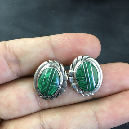 Green Malachite Southwetsern Navajo Sterling Silver Inlay Earrings 01987