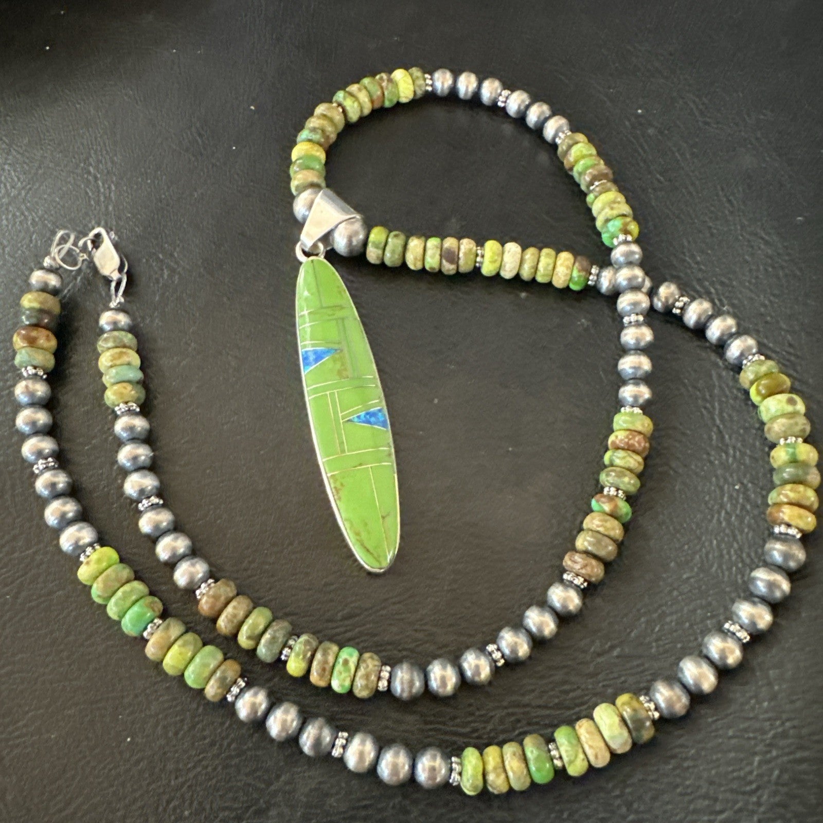 Womens Green Gaspeite Turquoise Opal Pendant Sterling Silver Necklace 19549