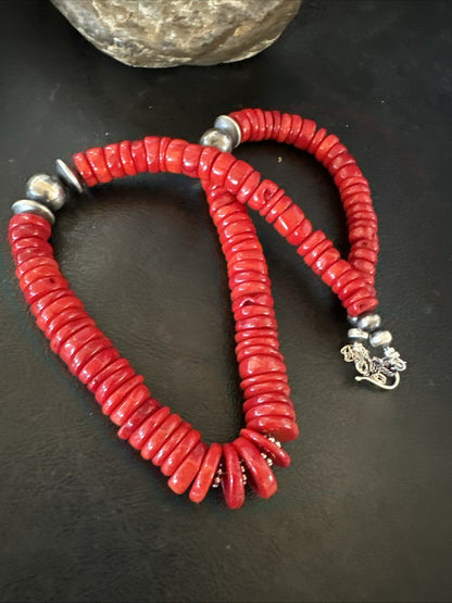 Red Bamboo Coral Navajo Sterling Silver Bead Necklace 19" 19227