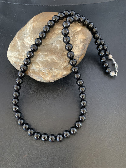 Mens Black Onyx Bead Necklace 22" Navajo Sterling Silver 13109