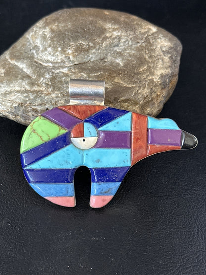 BEAR Mens Womens Navajo Sterling Multi-Color Turquoise Inlay Pendant 14226