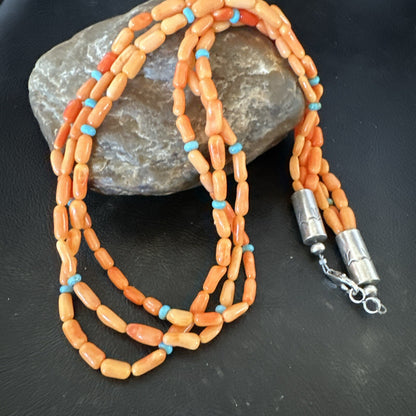 Native Turquoise Orange Coral Sterling Silver 3 Strand Necklace 21" 17818