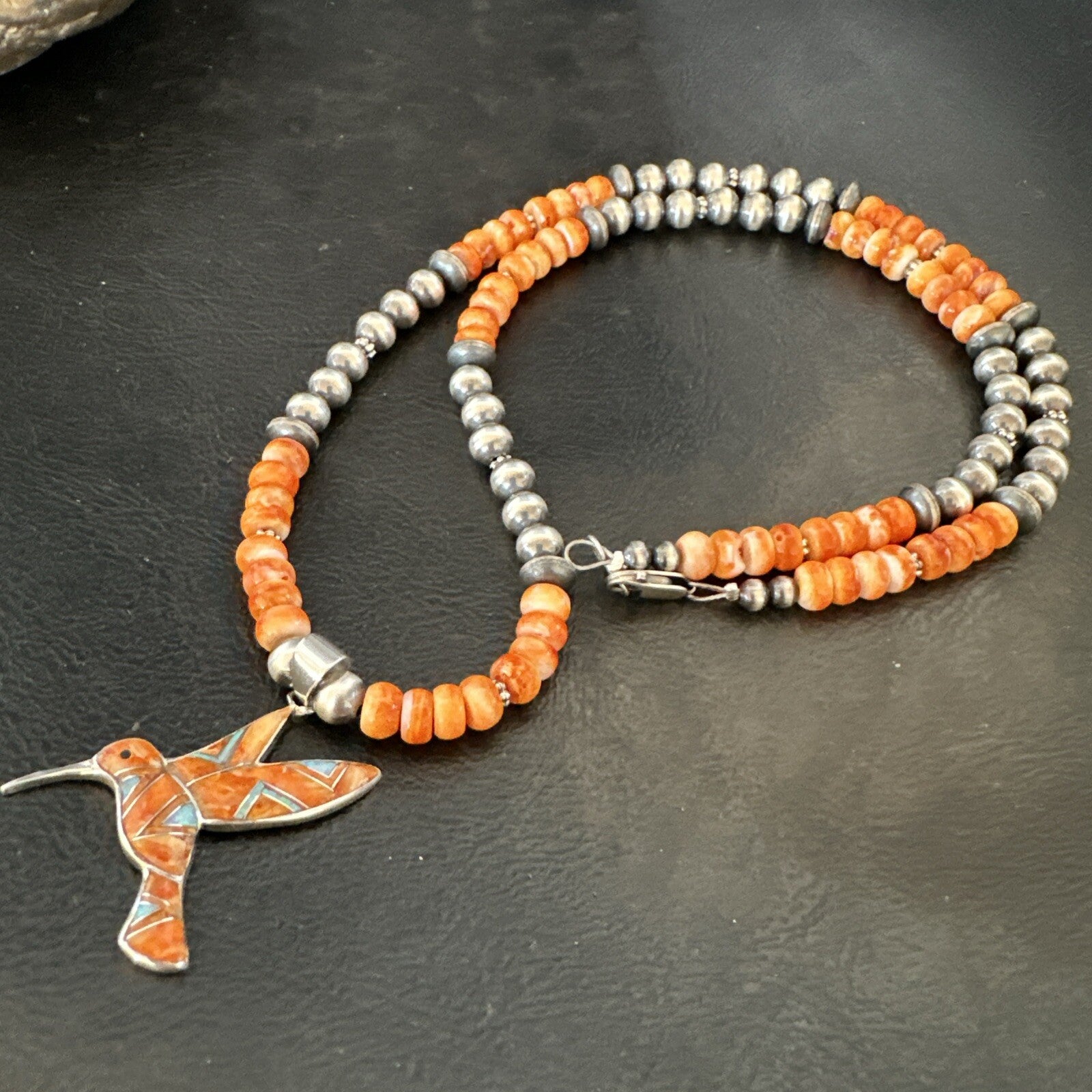 HummingBird Orange Spiny Oyster Opal Sterling Silver Necklace Pendant 18675