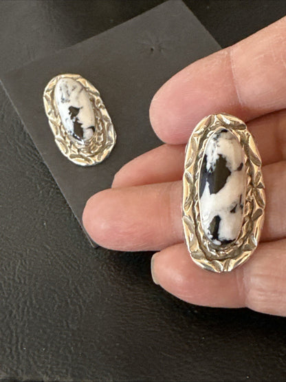 Women White Buffalo Turquoise Navajo Sterling Silver Post Earrings 19094