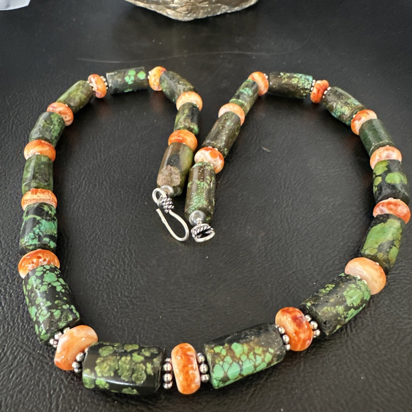 Green Turquoise Spiny Oyster Native Navajo Pearls Sterling Silver Necklace 14985