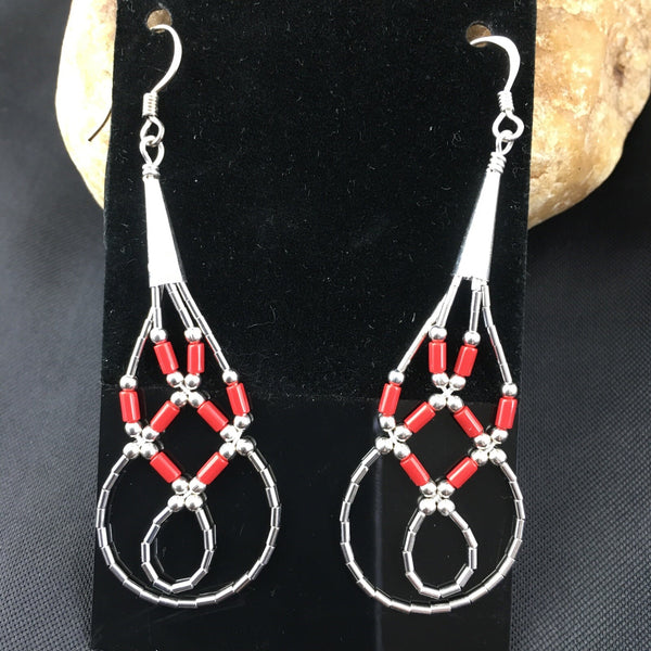 Red Coral Tube Heishi Dangle Liquid Earrings 2" | Sterling Silver | Authentic Native American Handmade | 03104