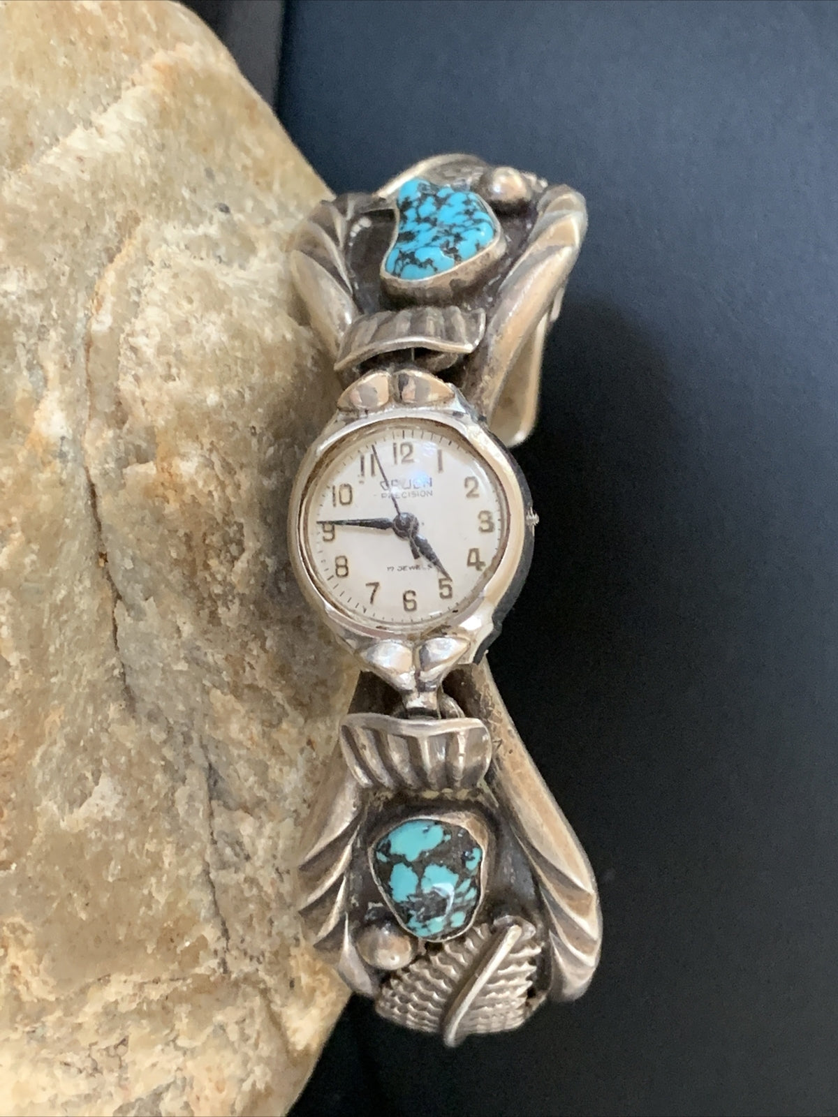 Blue Kingman Turquoise Inlay Navajo Sterling Silver Old Pawn Watch Tips 01442