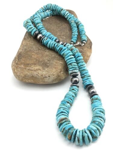 Navajo Sterling Silver Blue Turquoise Graduated Necklace 32" 1338