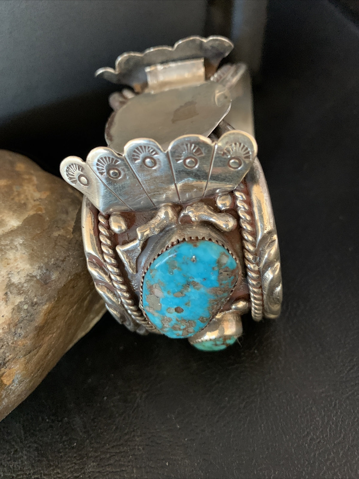 Mens Watch Navajo Sterling Silver Blue Kingman Turquoise Cuff Bracelet 01635