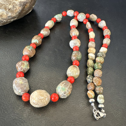 Rustic Turquoise Red Coral Navajo Pearls Sterling Silver Necklace 24" 18320