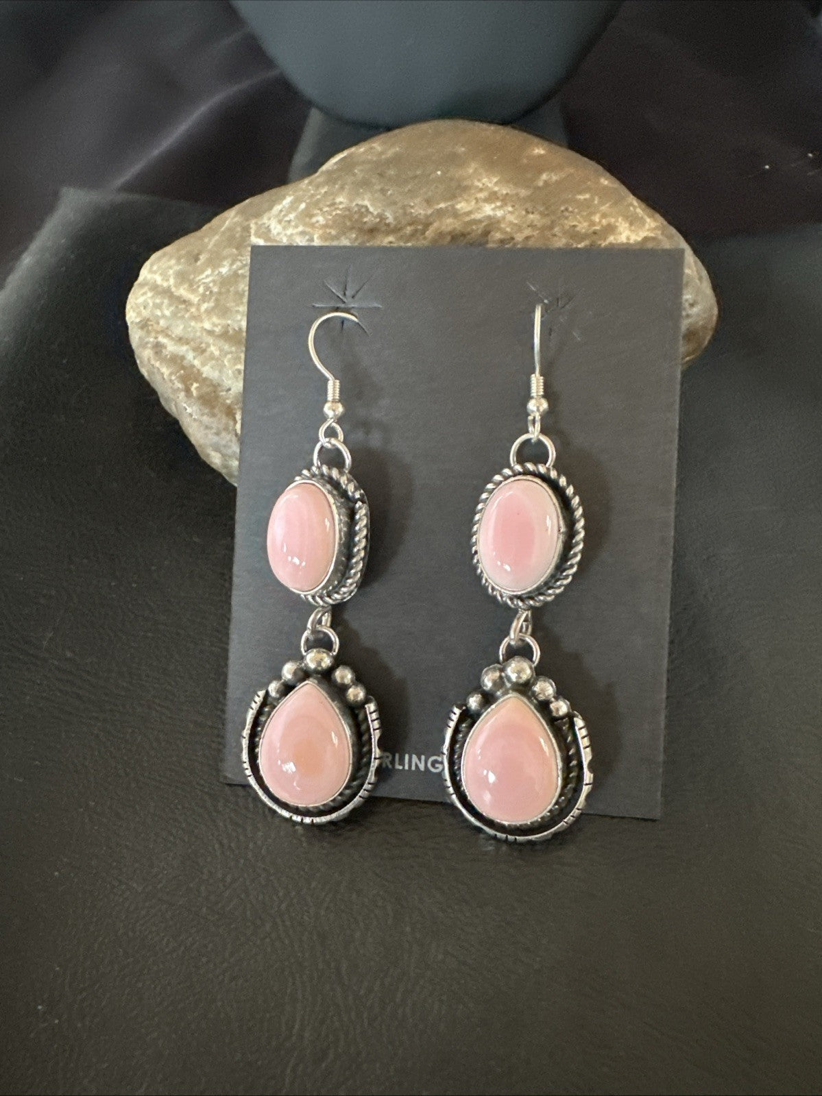 Yazzie Pink Queen Conch Navajo Sterling Silver Dangle Earrings 19320