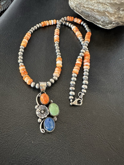 Orange Spiny Oyster Navajo Pearls Sterling Silver Necklace Pendant 19379