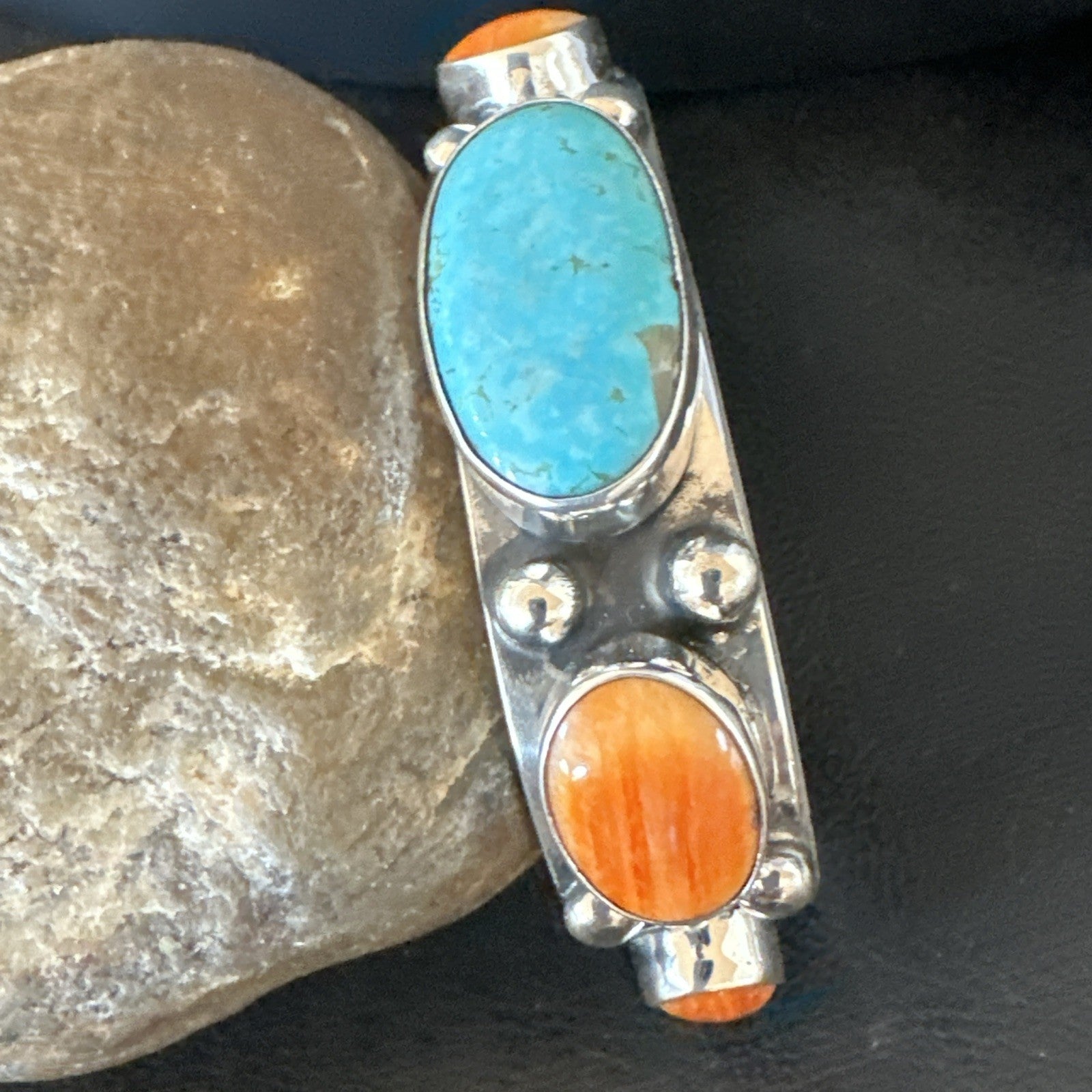 Orange Spiny Turquoise 5 Stone Sterling Silver Navajo Cuff Bracelet 7.7" 19479