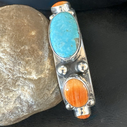 Orange Spiny Turquoise 5 Stone Sterling Silver Navajo Cuff Bracelet 7.7" 19479